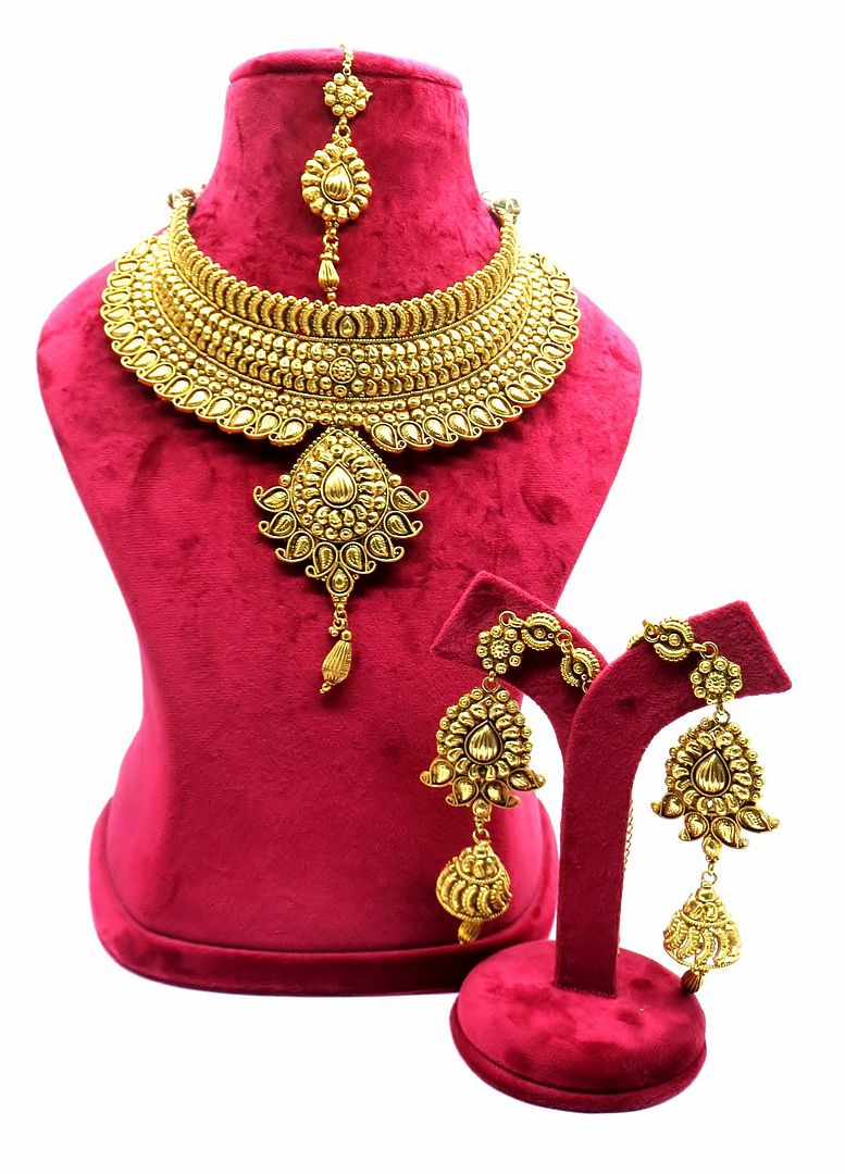 Jewelshingar Jewellery Gold Plated Semi Bridal Choker Necklace With Earrings And Maangtikka For Women ( 92090NEM )