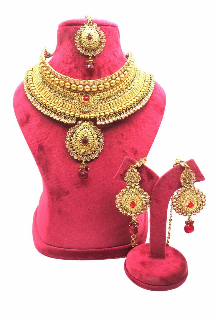 Jewelshingar Jewellery Gold Plated Semi Bridal Choker Necklace With Earrings And Maangtikka For Women ( 92119NEM )