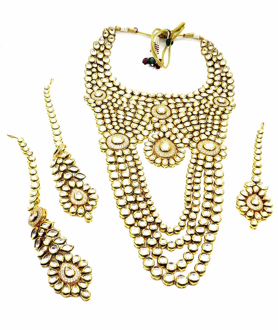 Jewelshingar Jewellery Gold Plated Semi Bridal Choker Necklace With Earrings And Maangtikka For Women ( 92139NEM )