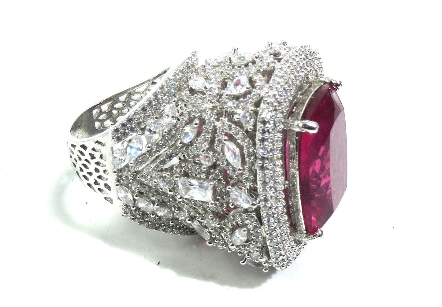 Jewelshingar Jewellery American Diamond Red Colour Size 13 Silver Plated  Ring For Girls ( 92999RIN )