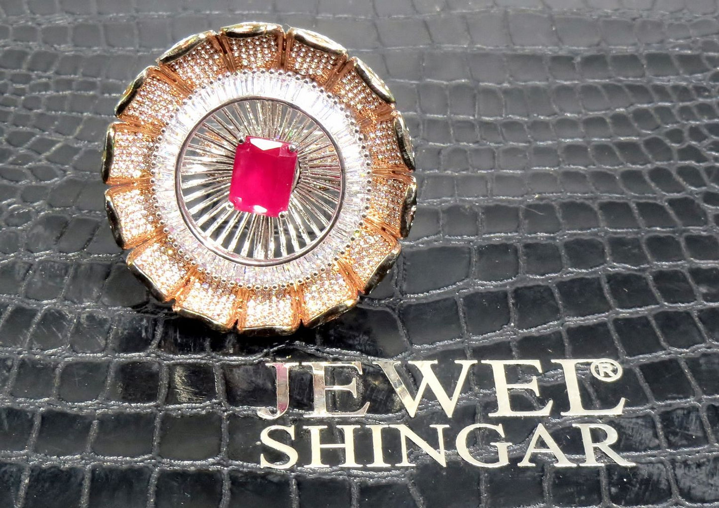 Jewelshingar Jewellery American Diamond Red Colour Size 18 Silver Plated  Ring For Girls ( 93004RIN )