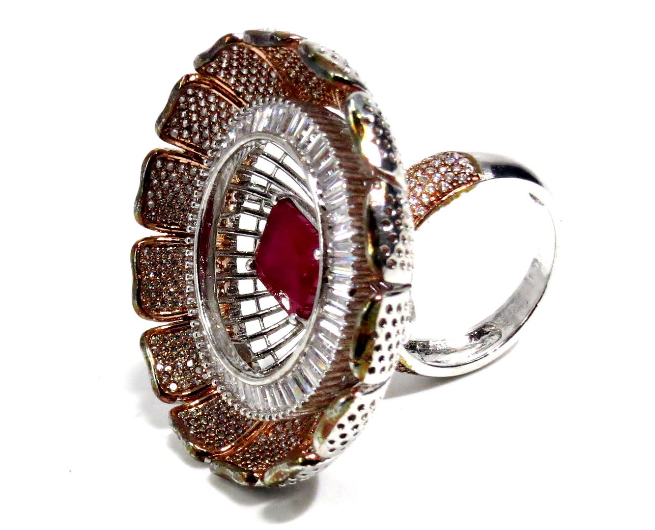 Jewelshingar Jewellery American Diamond Red Colour Size 18 Silver Plated  Ring For Girls ( 93004RIN )