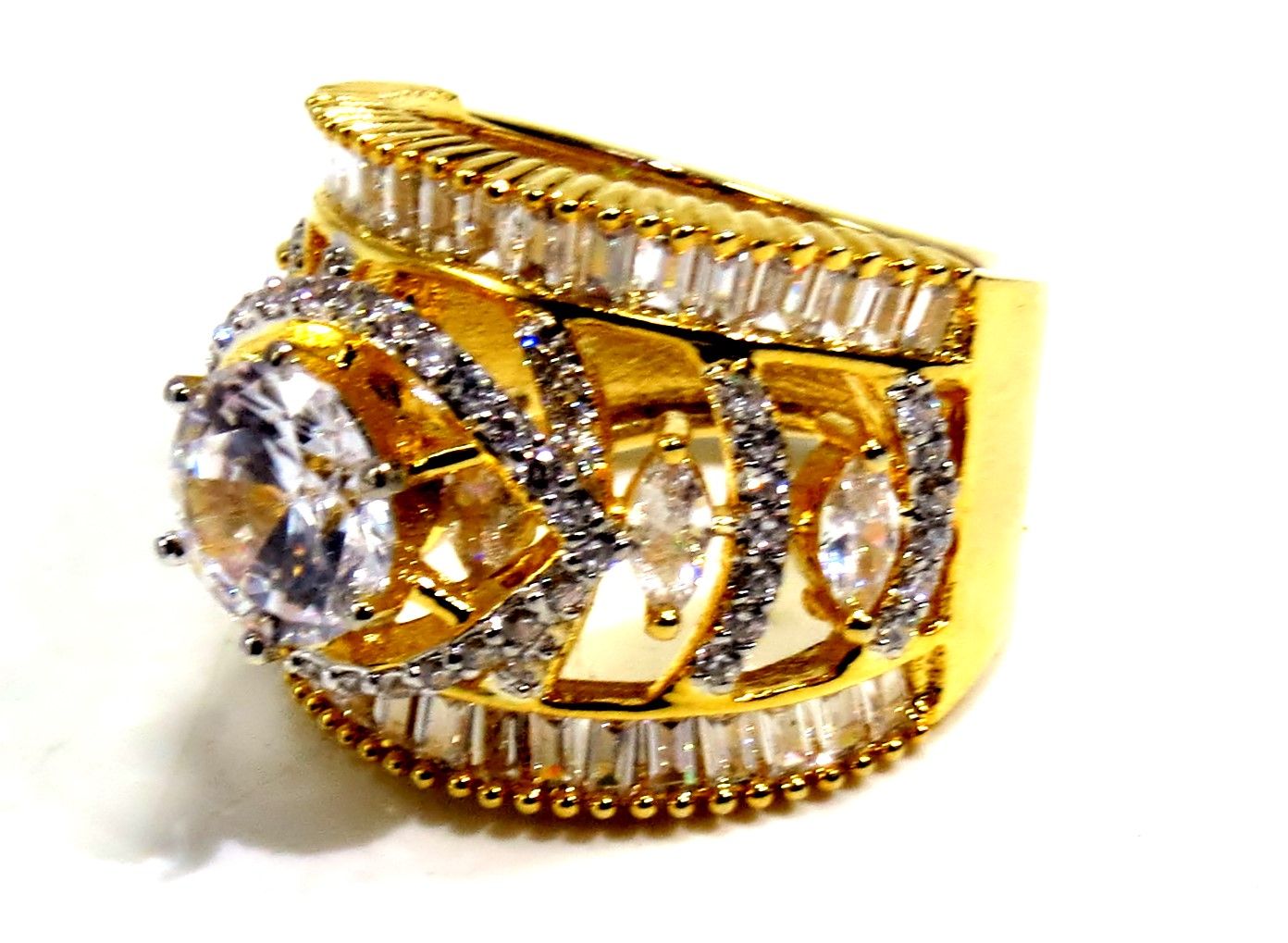 Jewelshingar Jewellery American Diamond Clear Colour Size 15 Gold Plated  Ring For Girls ( 93057RIN )