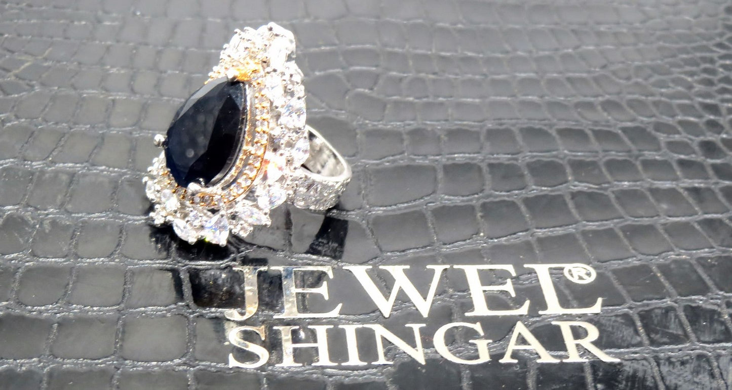 Jewelshingar Jewellery American Diamond Black Colour Size 15 Silver Plated  Ring For Girls ( 93104RIN )