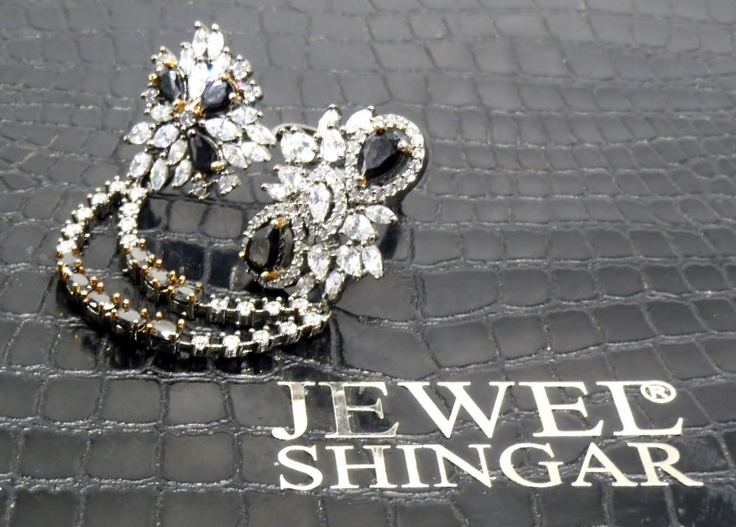 Jewelshingar Jewellery American Diamond Black Colour Size Freesize Victorian Plated  Ring For Girls ( 93589FSR )