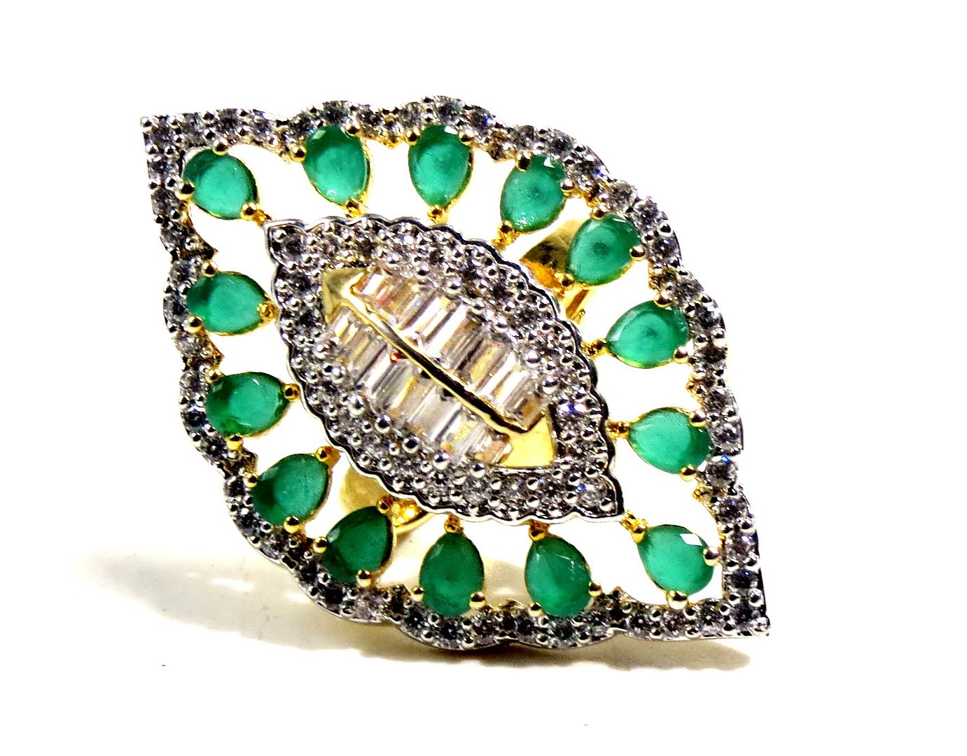 Jewelshingar Jewellery American Diamond Green Colour Size Freesize Gold Plated  Ring For Girls ( 93594FSR )