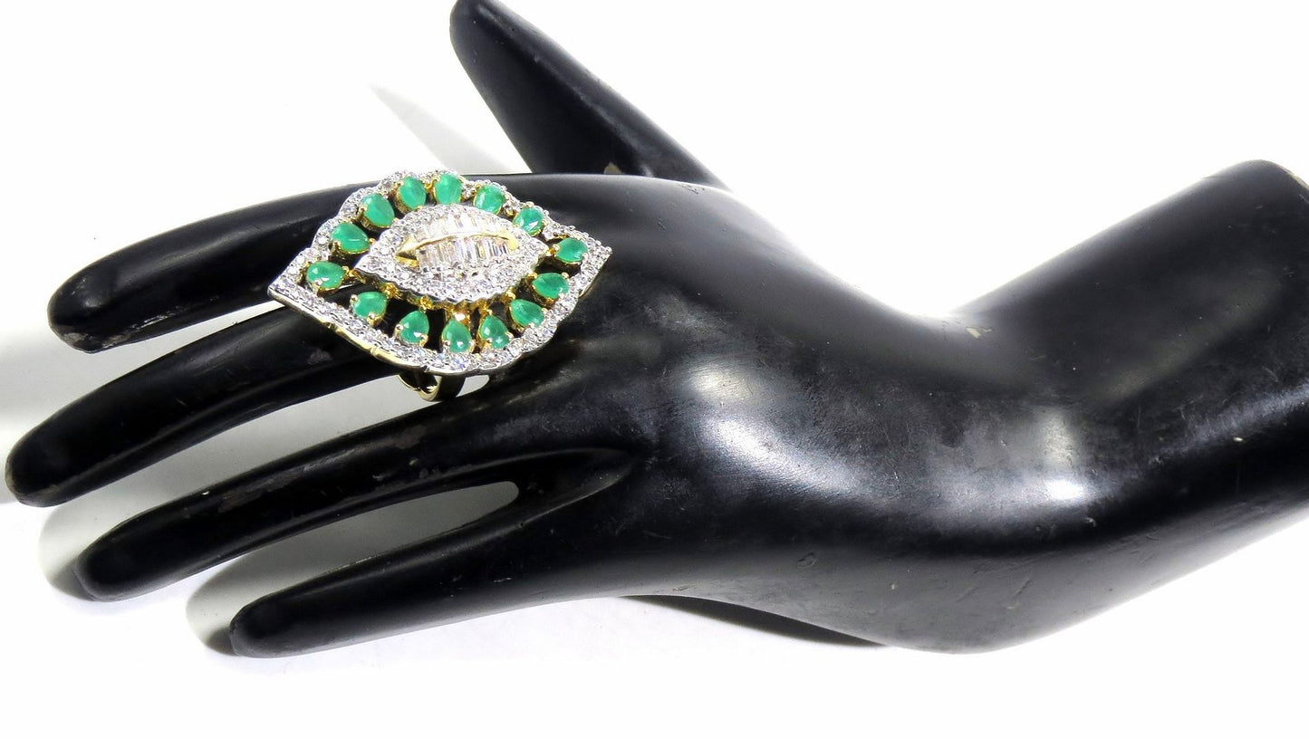 Jewelshingar Jewellery American Diamond Green Colour Size Freesize Gold Plated  Ring For Girls ( 93594FSR )