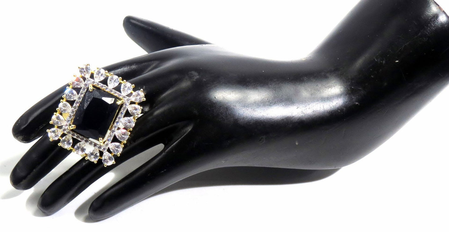 Jewelshingar Jewellery American Diamond Black Colour Size Freesize Gold Plated  Ring For Girls ( 93622FSR )