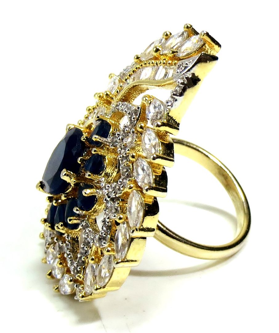 Jewelshingar Jewellery American Diamond Blue Colour Size Freesize Gold Plated  Ring For Girls ( 93647FSR )
