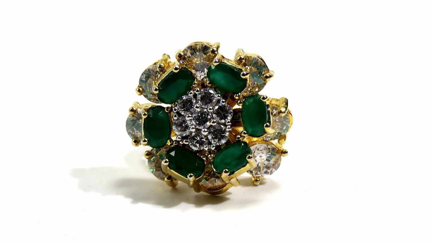 Jewelshingar Jewellery American Diamond Green Colour Size Freesize Gold Plated  Ring For Girls ( 93716FSR )