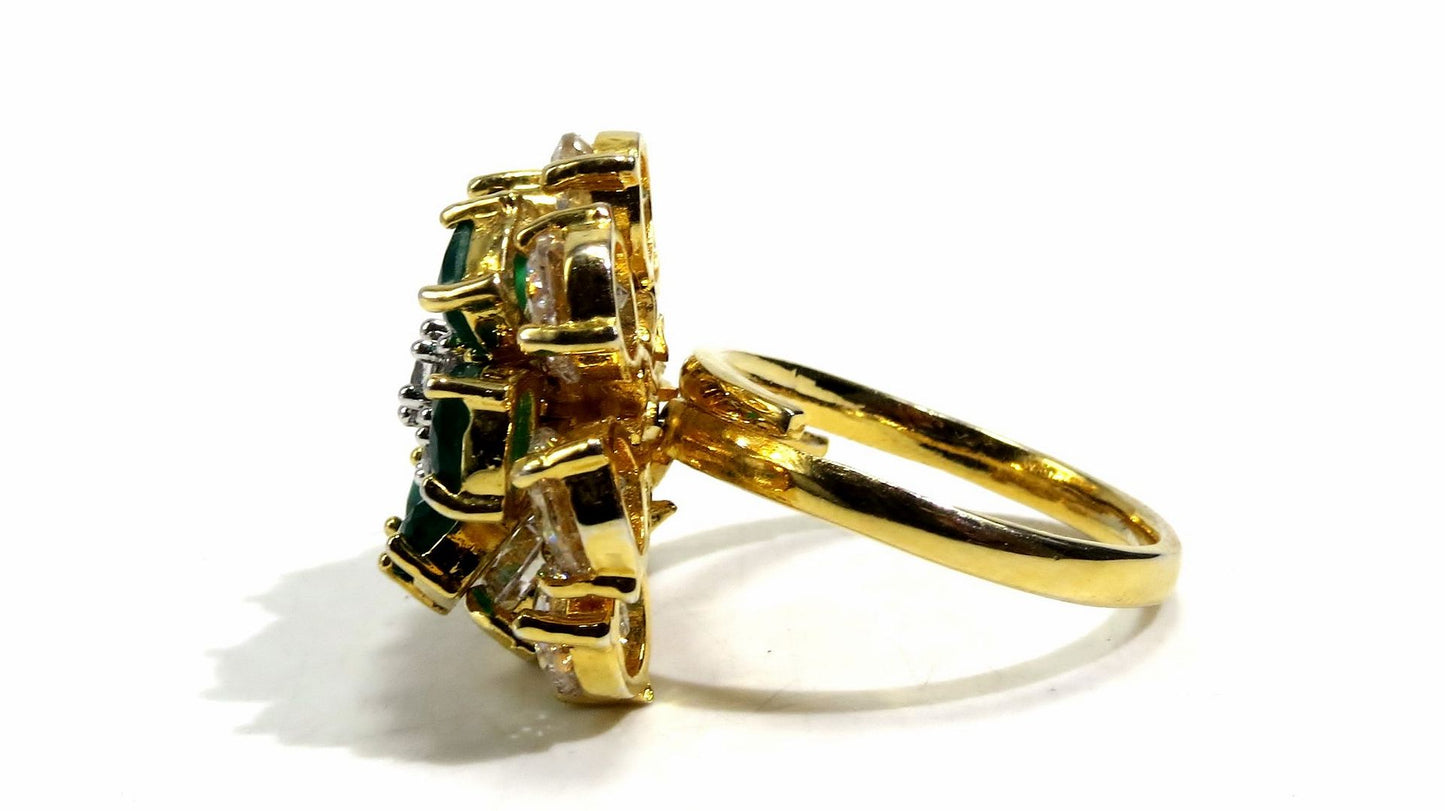 Jewelshingar Jewellery American Diamond Green Colour Size Freesize Gold Plated  Ring For Girls ( 93716FSR )