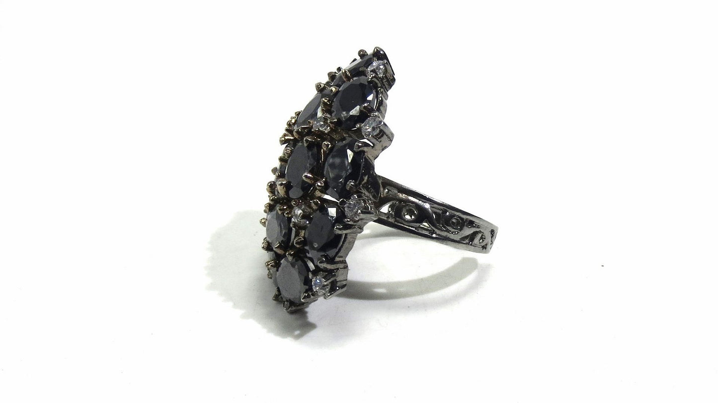 Jewelshingar Jewellery American Diamond Black Colour Size Freesize Victorian Plated  Ring For Girls ( 93721FSR )