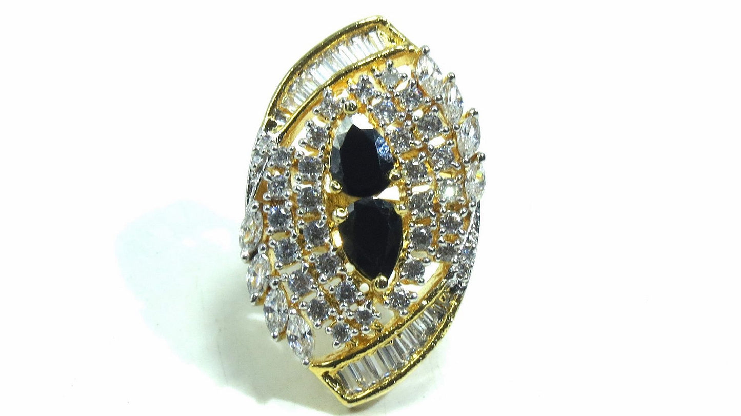 Jewelshingar Jewellery American Diamond Black Colour Size Freesize Gold Plated  Ring For Girls ( 93731FSR )