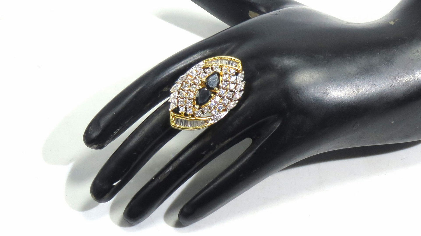 Jewelshingar Jewellery American Diamond Black Colour Size Freesize Gold Plated  Ring For Girls ( 93731FSR )