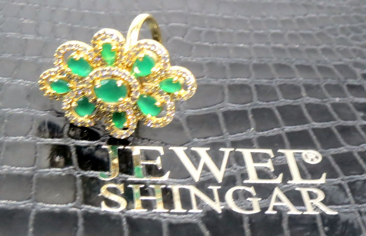 Jewelshingar Jewellery American Diamond Green Colour Size Freesize Gold Plated  Ring For Girls ( 93756FSR )