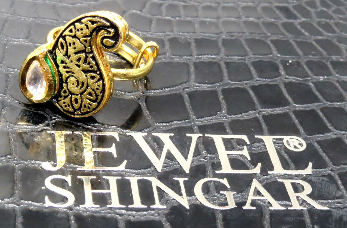 Jewelshingar Jewellery American Diamond Black Colour Size Freesize Gold Plated  Ring For Girls ( 93835FSR )