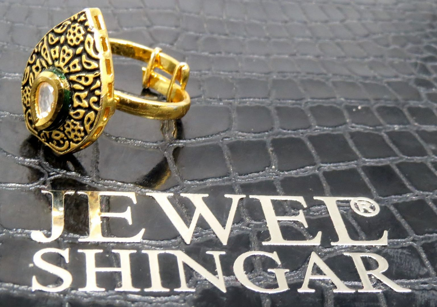 Jewelshingar Jewellery American Diamond Black Colour Size Freesize Gold Plated Ring For Girls ( 93840FSR )