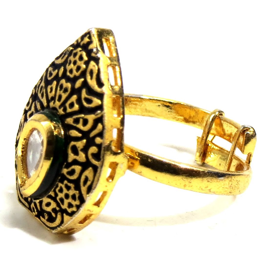 Jewelshingar Jewellery American Diamond Black Colour Size Freesize Gold Plated Ring For Girls ( 93840FSR )
