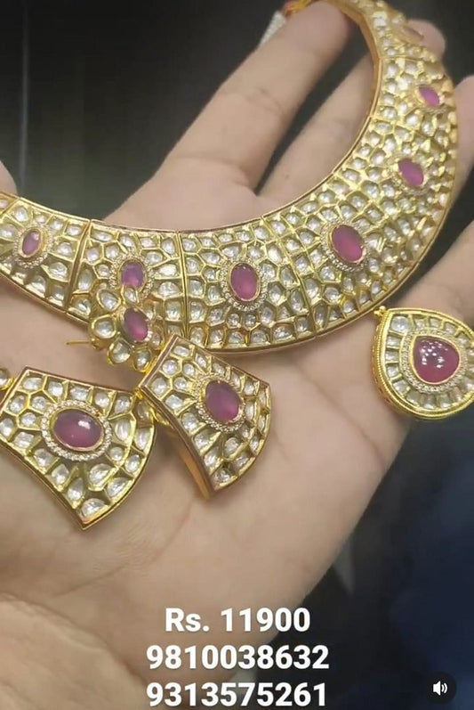 Kundan Necklace In Ruby Colour And Gold Plating By Chokerset NKWA0052
