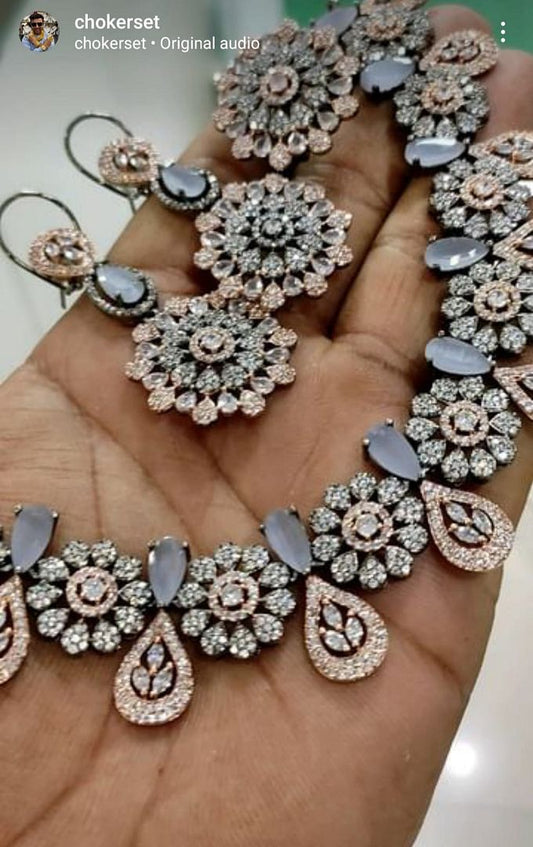 Zircon Necklace In Grey Colour And Silver Plating By Chokerset NKWA0159