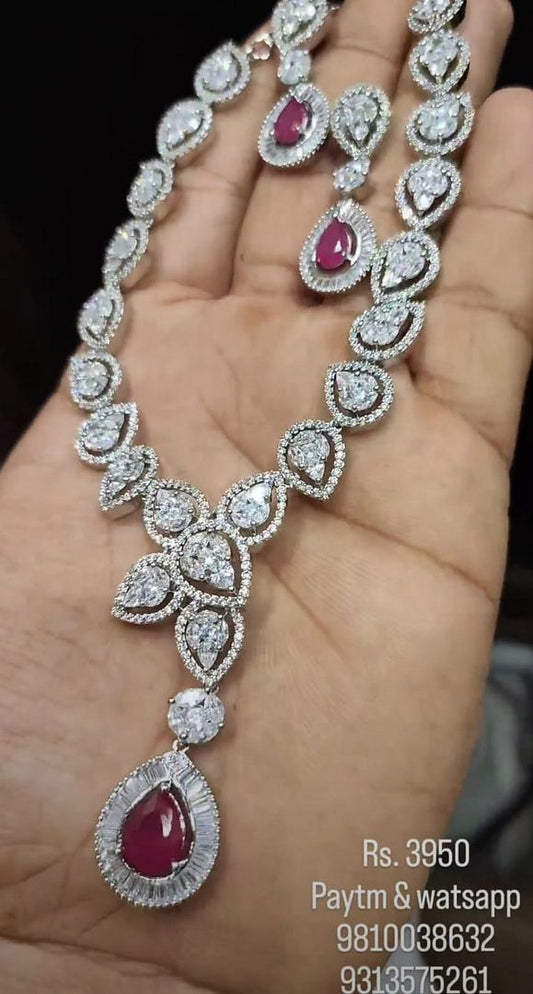 Zircon Necklace In Ruby Colour And Silver Plating By Chokerset NKWA0160