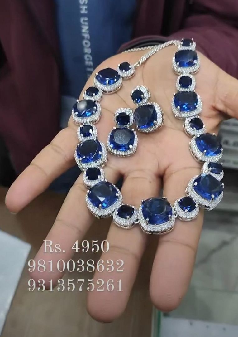 Zircon Necklace In Blue Colour And Silver Plating By Chokerset NKWA0196